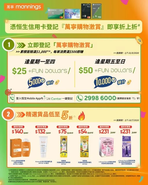 恒生信用卡 x 萬寧 折上折#｜高達$400 +FUN Dollars／80,000 yuu 積分＋精選貨品低至 5折 🌟無論係夏日必備防曬、換季染髮、日常身