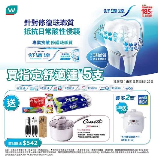 【屈臣氏 x 舒適達⏰限時優惠🌟 買滿指定數量牙膏即送豐富禮品 🎁】 琺瑯質受損係牙齒敏感嘅一大成因,日常嘅酸性食物侵襲會令琺瑯質軟化。