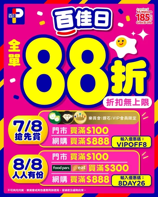 【💙百佳日|全線88折快閃預告⚡】 今個星期五同六,一連兩日,百佳全單88折!