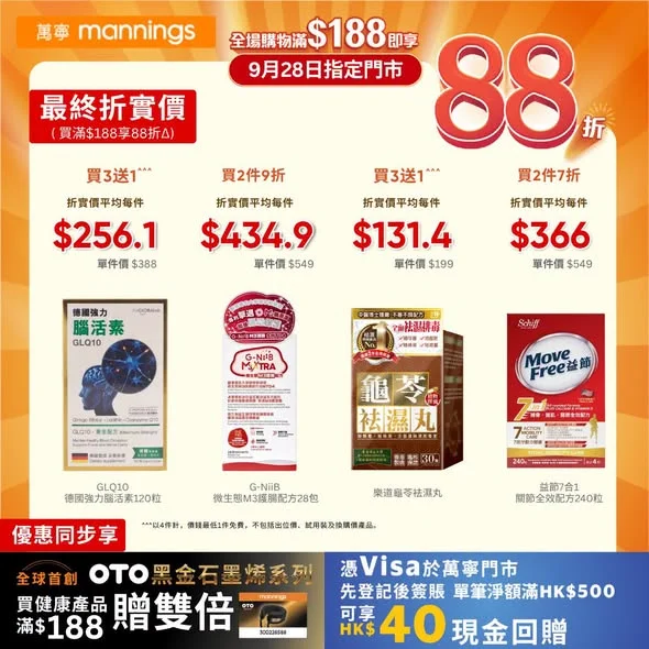 【萬寧驚喜優惠大放送🎊】9月28日指定香港門市~ 全場購物滿$188即享88折**!