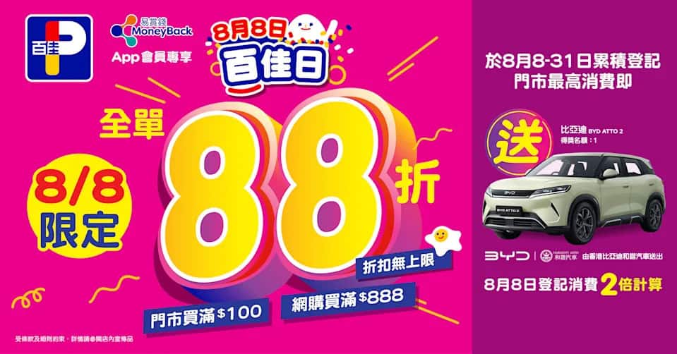 【百佳】8月8日百佳日 買滿 $100全單88折（只限08/08）