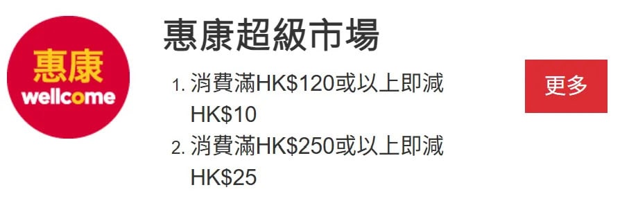 惠康超級市場 消費滿$120或以上即減$10;消費滿$250或以上即減$25