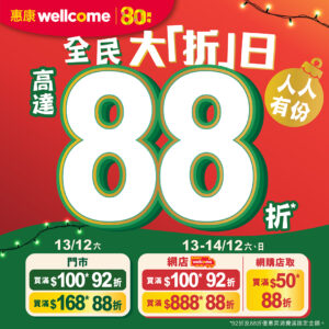 【惠康】只限周末2日 惠康全民大折日 門市網店高達88折 (13/12-14/12)