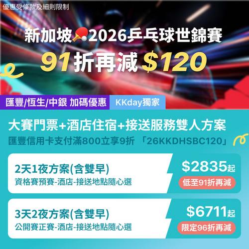 KKday 新加坡2026世界乒乓球錦標賽套票:酒店住宿及接送優惠