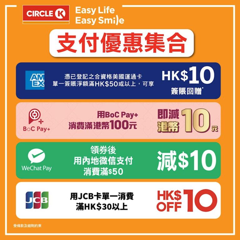 【OK便利店】支付優惠集合 AE卡/BoC Pay+/微信支付/JCB卡減$10
