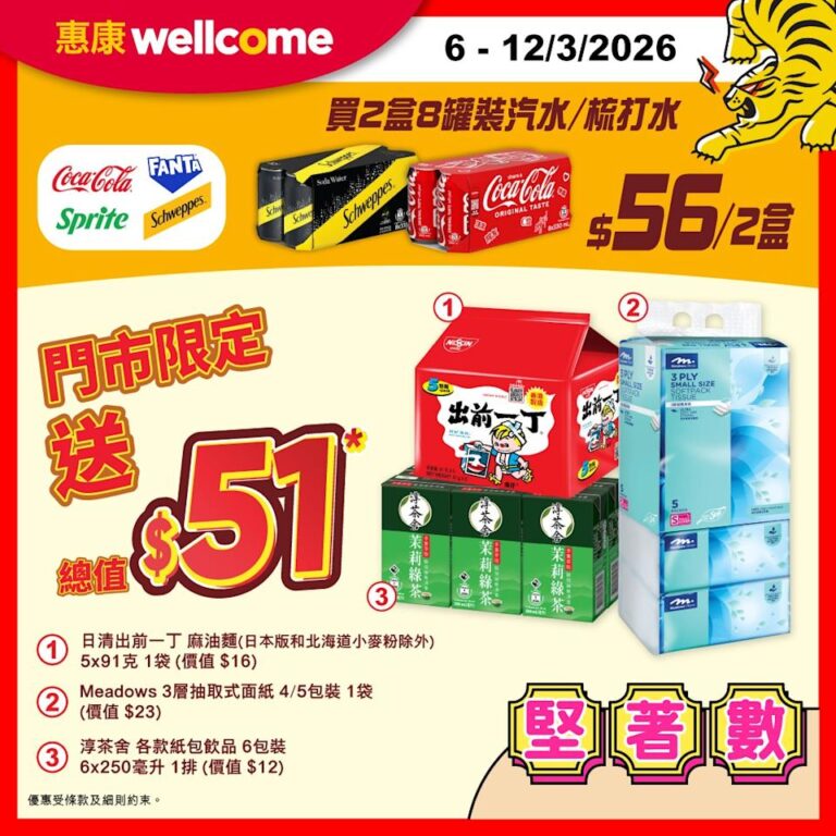 【惠康】買2盒8罐裝汽水/梳打水 送總值$51禮品