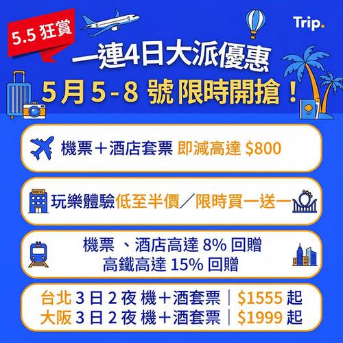 Trip狂賞:一連4日大派優惠,機票酒店高達800折扣