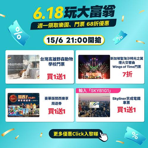 KKday 6.18玩大富翁 門票周一開搶 買1送1加7折優惠