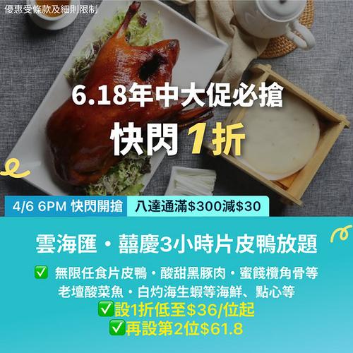 KKday: 香港｜雲海匯囍慶片皮鴨放題 1折低至36蚊